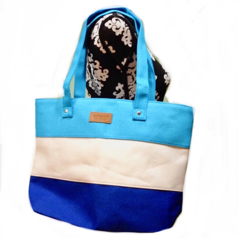 multi blue & white zip top tote